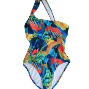 ABS BY ALLEN SCHWARTZ One Shoulder Hawaiian Tropical Swimsuit Women's Size 12